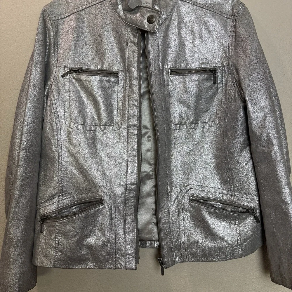 Chico's Lavish Luster Metallic Silver Leather Motorcycle‎ Jacket Sz 1 Medium Y2K
